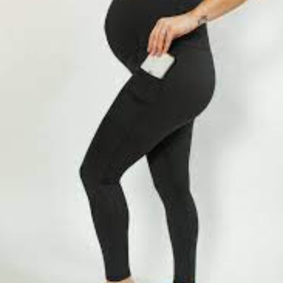 Movemama Womens M 6-8 Active Maternity Legging 2 Side Pockets Stretch Blue Pant - Picture 1 of 9